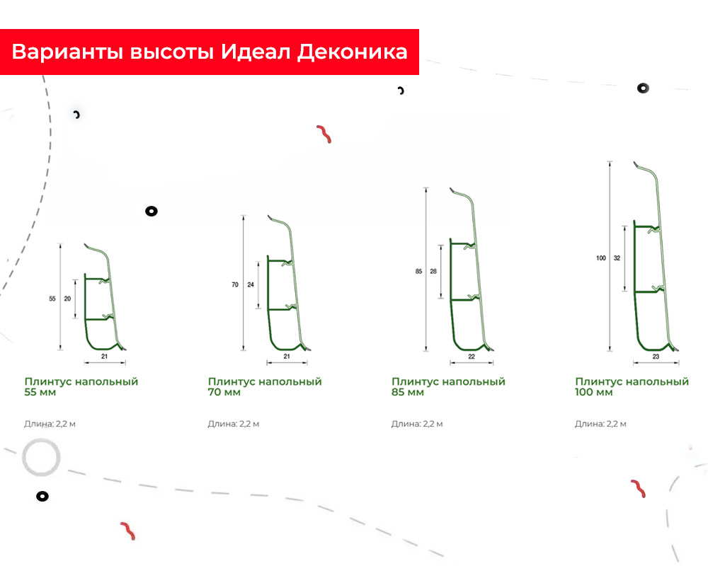 Плинтус со съемной панелью ПВХ Деконика ИДЕАЛ 55мм 2,2м. 001 Белый